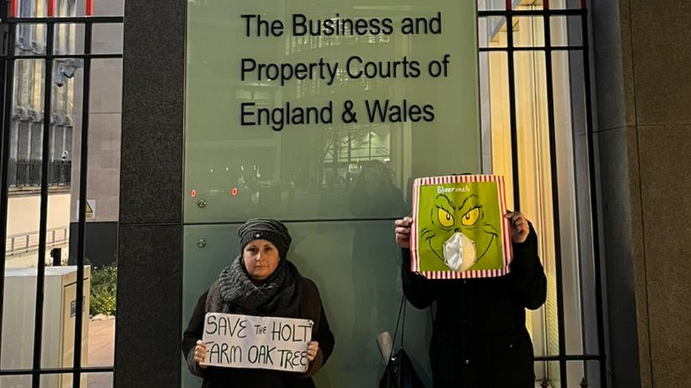 Leanne Dalby and a fellow Rochford oak tree protester at the Royal Courts of Justice