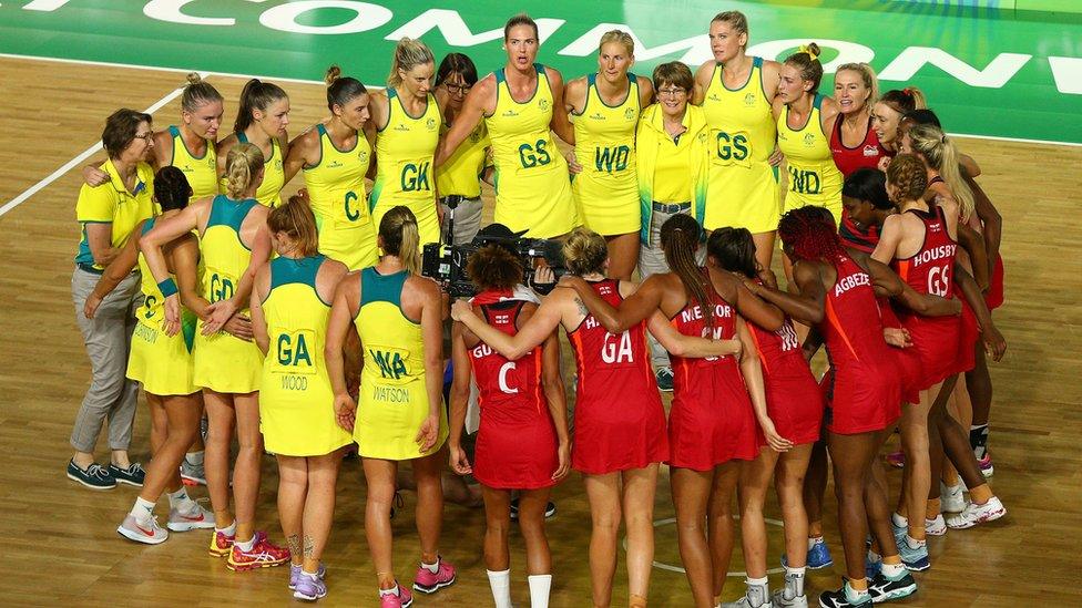 Silver medalists Australia and gold medalists England come together following the Netball Gold Medal Match on day 11 of the Gold Coast 2018 Commonwealth Games at Coomera Indoor Sports Centre on April 15, 2018 on the Gold Coast, Australia.