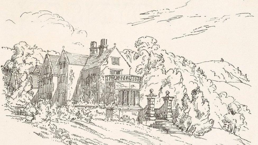 Print of sketch of Lea Hurst, the Nightingale family home in Derbyshire, n.d. Verney/Claydon Estate Papers, From Verney 13/2. Claydon House Trust, an independent charitable trust which cares for the archives of the Nightingale and Verney families held at Claydon House, Buckinghamshire.