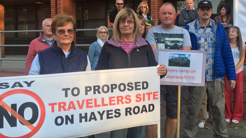 A protest against a proposed Gypsy and traveller site at Sully, Vale of Glamorgan