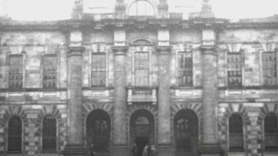 Black and white photograph of the Union Theological College facade