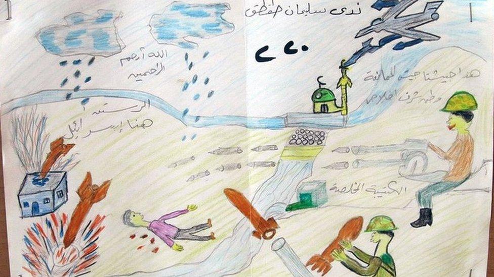 Drawing by Syrian child refugee depicting an apparent air strike with missiles hitting a building, an injured person lying on the ground, an airplane flying over a mosque and soldiers shooting from a machine gun and loading mortars