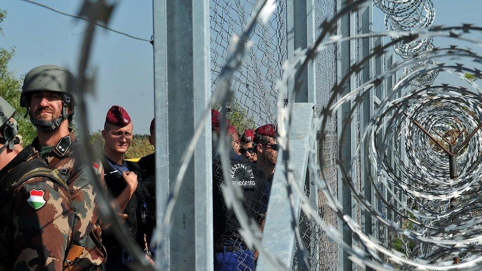 Hungarian troops on fenced-off Serbia border, 14 Sep 15