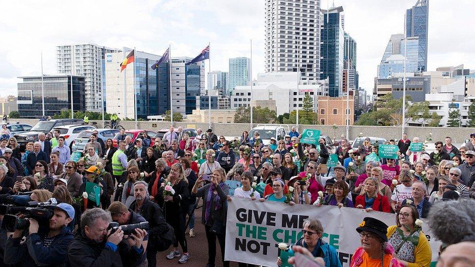 Advocates of assisted dying attend a rally in Perth on August 6, 2019