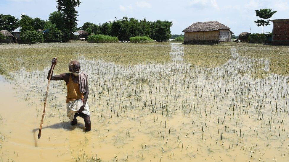 A man crosses flood waters in the Saptari District of Nepal.