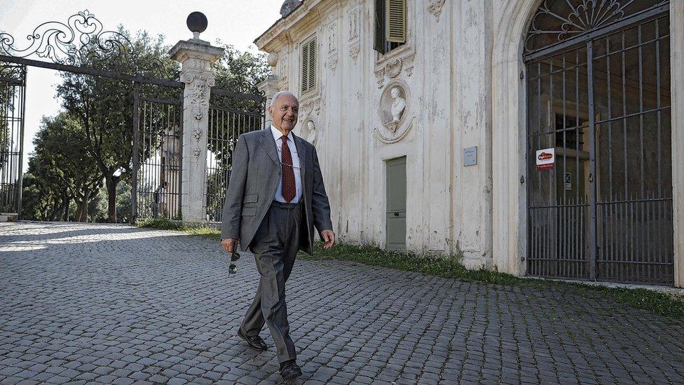 Paolo Savona takes a walk in Villa Borghese public park in Rome, Italy, 25 May 2018