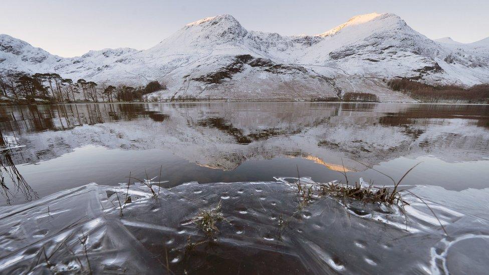 Snow on the hills around Buttermere in the Lake District