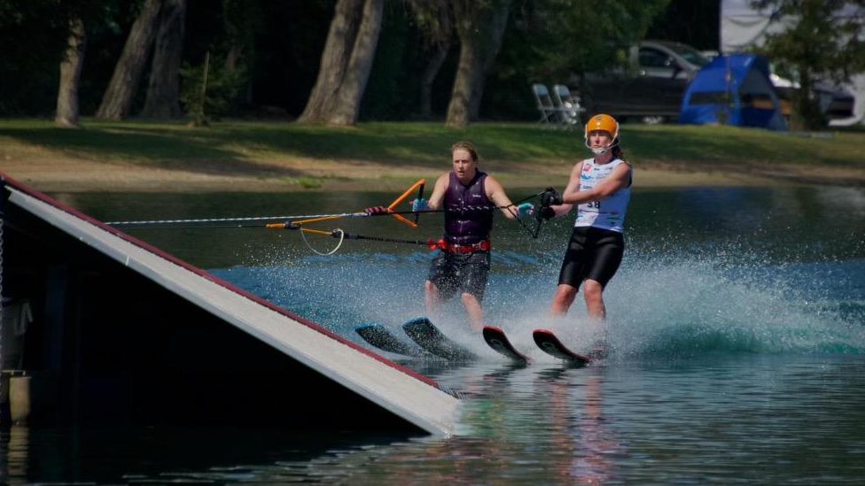 Jill Williams about to jump a ramp with her guide at the World Disabled Water Skiiing.