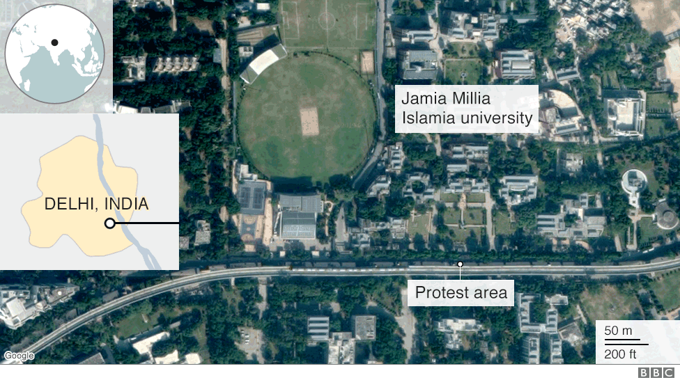 Map showing location of Delhi protests