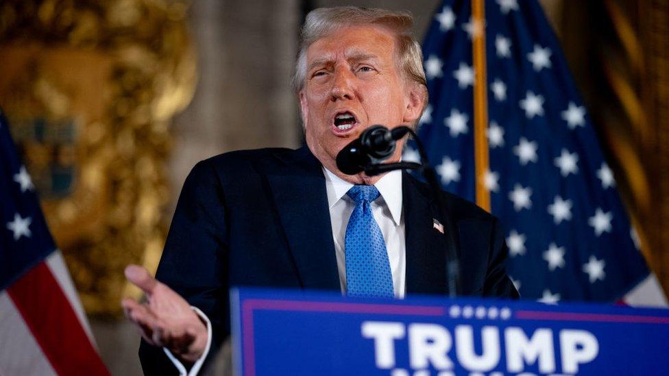 Donald Trump makes a speech behind a podium emblazoned with a "Trump Vance" sign. A US flag on a pole is in the background behind him and he is wearing a navy suit with a blue tie.