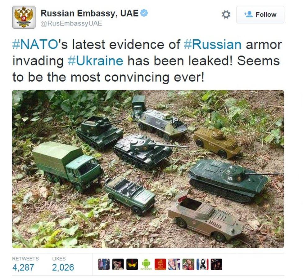 Scren grab of a tweet including a picture of toy tanks, captioned: "NATO's latest evidence of Russian armor invading Ukraine has been leaked! Seems to be the most convincing ever!"