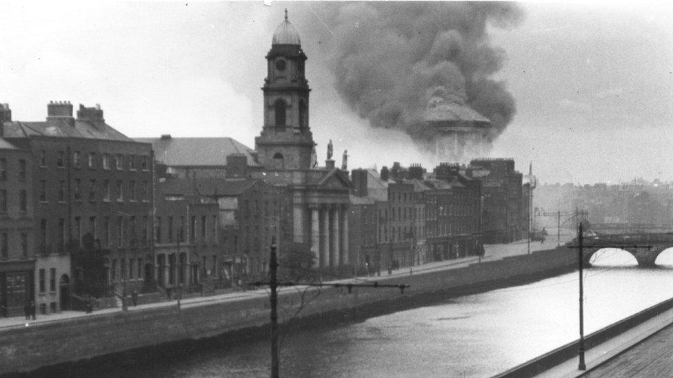 Image of Public Records Office Ireland in smoke in background