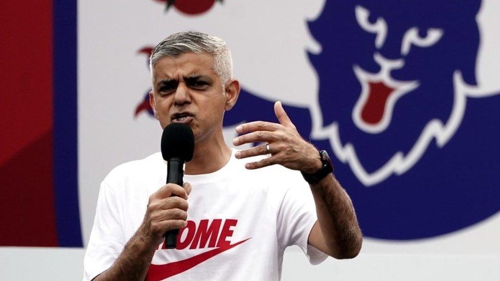 London Mayor, Sadiq Khan speaking during a fan celebration to commemorate England"s historic UEFA Women"s EURO 2022 triumph in Trafalgar Square.