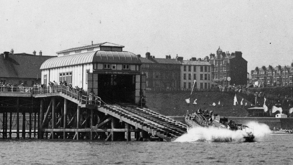 A historic photo of Cromer's lifeboat house and slipway