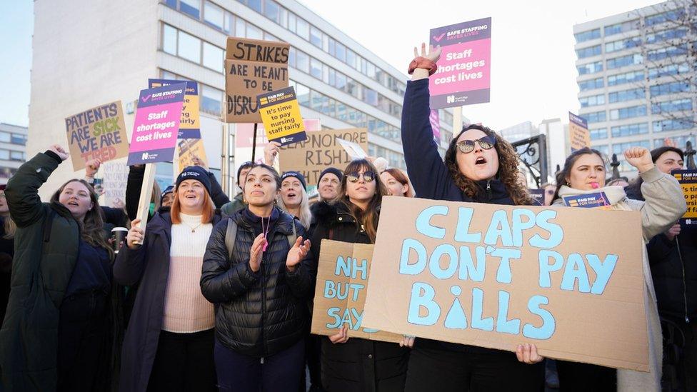 Nurses on the picket line outside London's St Thomas' Hospital on 6 February