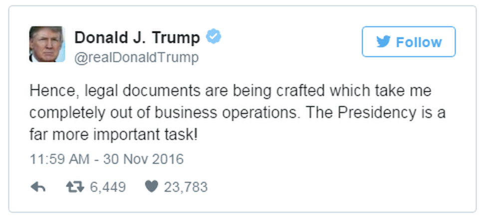 A tweet reads: "Hence, legal documents are being crafted which take me completely out of business operations. The Presidency is a far more important task!"