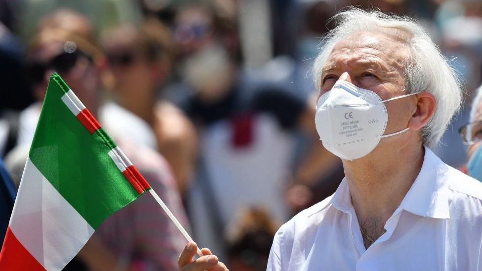 Man wearing facemask holding Italian flag