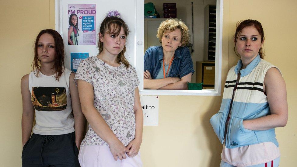 Holly (Molly Windsor), Ruby (Liv Hill), Sara Rowbotham (Maxine Peake) and Amber (Ria Zmitrowicz) in Three Girls