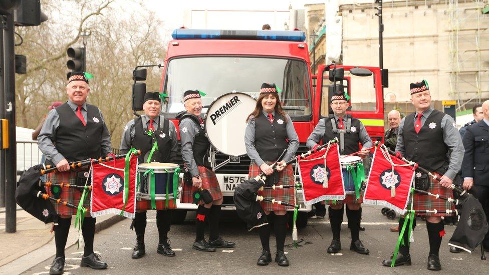 Drummers from the Fire Brigade Union before the parade