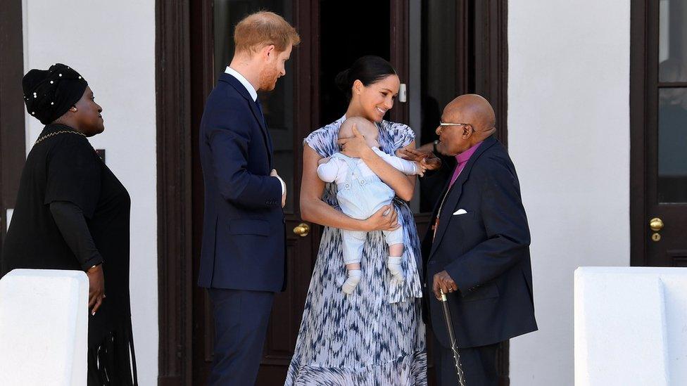 The Duke and Duchess of Sussex and their son Archie with Archbishop Desmond Tutu and his daughter Thandeka