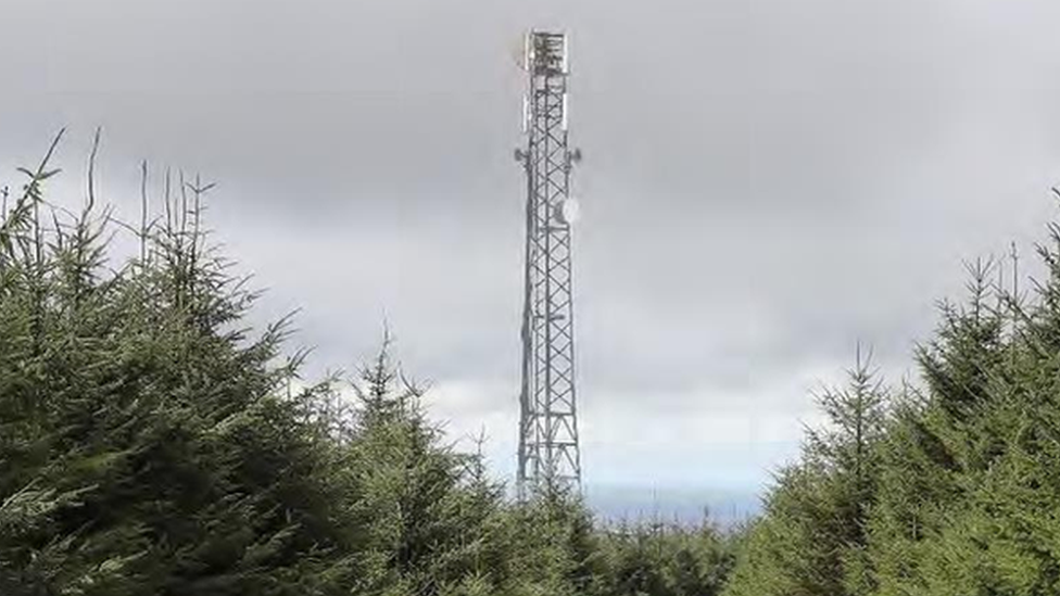 A mock up of the communications mast rising above trees