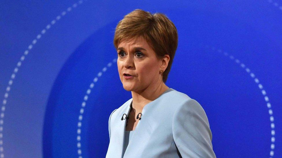 Nicola Sturgeon seen here against a blue background during the BBC Question Time debate