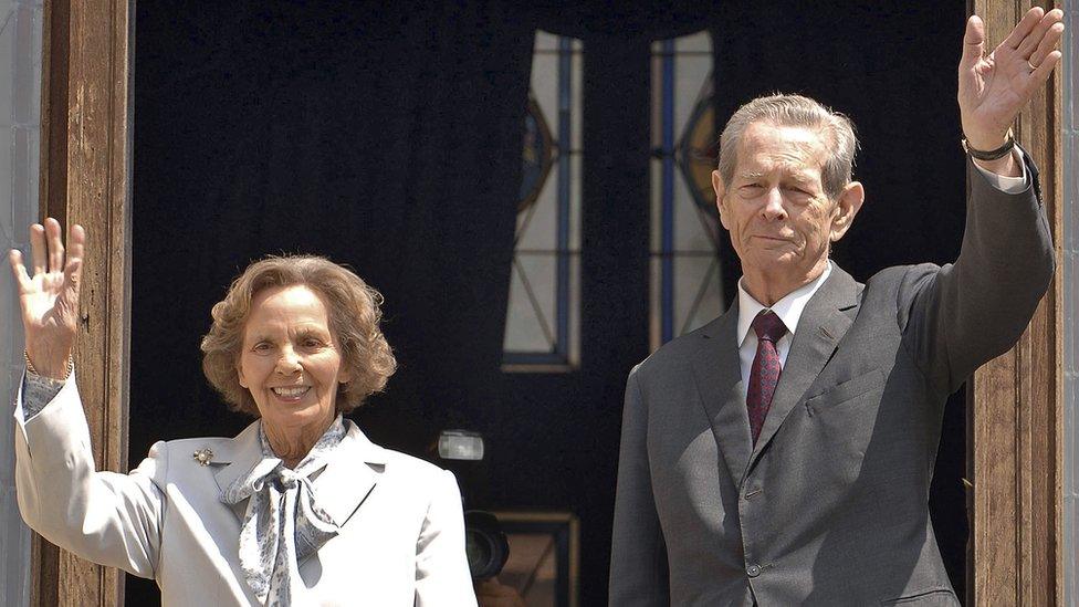 File pic from 2008 former Romanian King Michael and his wife Anne, at Peles Castle, in Sinaia, Romania