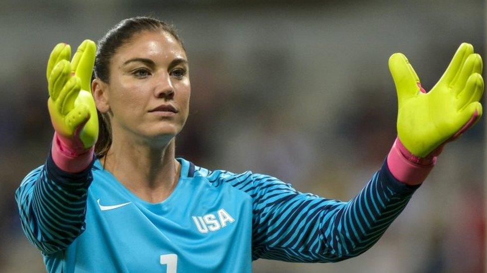 Goalkeeper Hope Solo of USA gestures during the women's first round group G match between USA and New Zealand of the Rio 2016 Olympic Games Soccer tournament at the Mineirao stadium in Belo Horizonte, Brazil, 3 August 2016