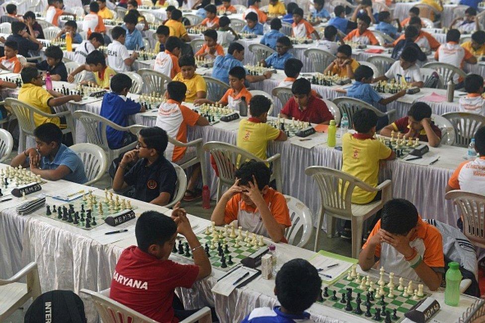 : Children play chess matches during Pune Chess Festival 2017 at Shree Shiv Chhatrapati Sports Complex, Balewadi on November 22, 2017 in Pune, India.