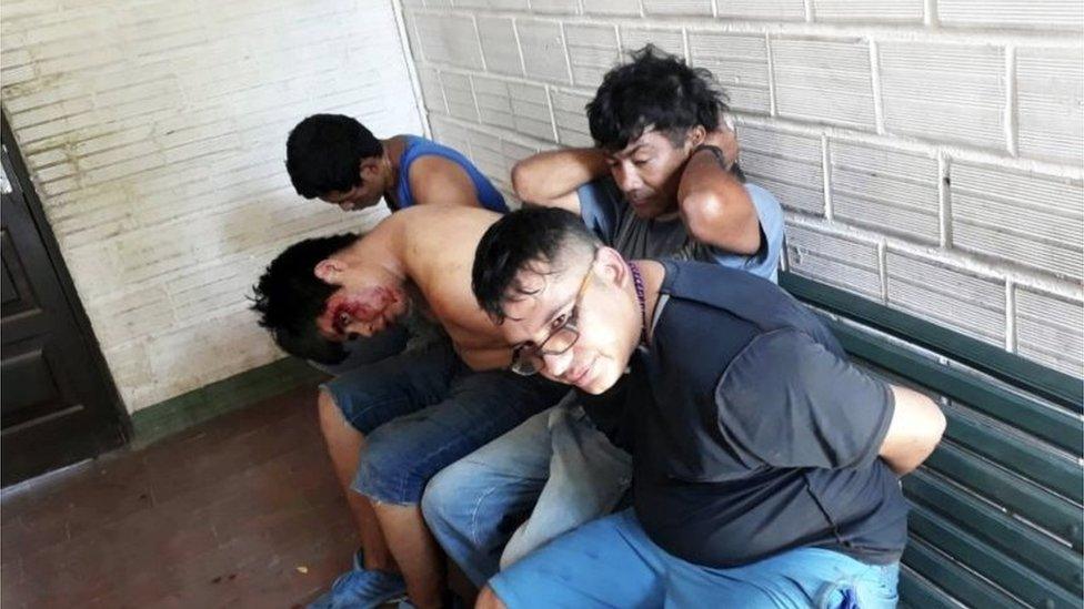 Four of the inmates captured after breaking out of the Palmasola jail in Santa Cruz, Bolivia, 05 March 2018.