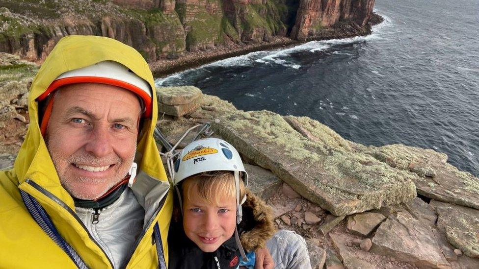 Bill Weishaar Jr and Cody Weishaar on top of the Old Man of Hoy