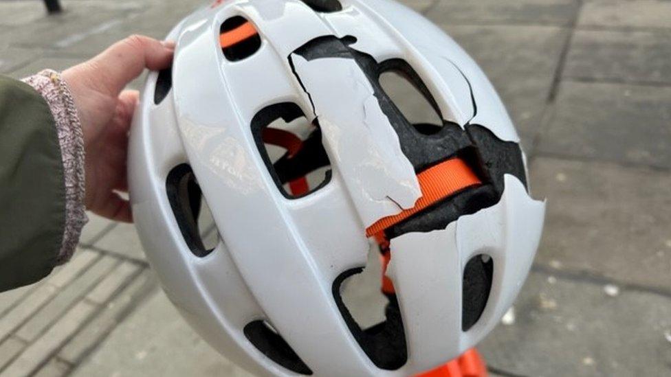 A cracked helmet