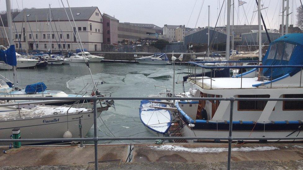 Frozen Victoria Dock in Caernarfon, Gwynedd