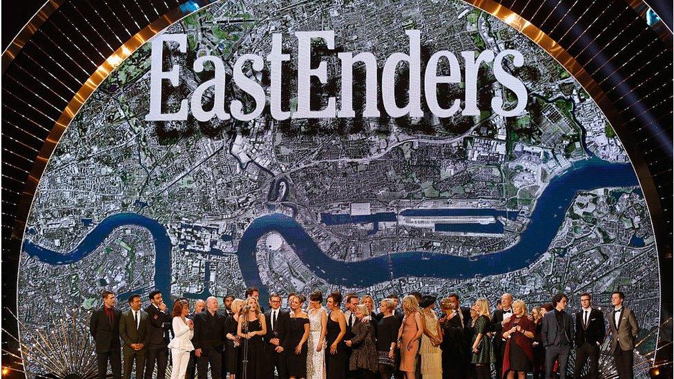 EastEnders cast and crew on stage at 2016 NTAs