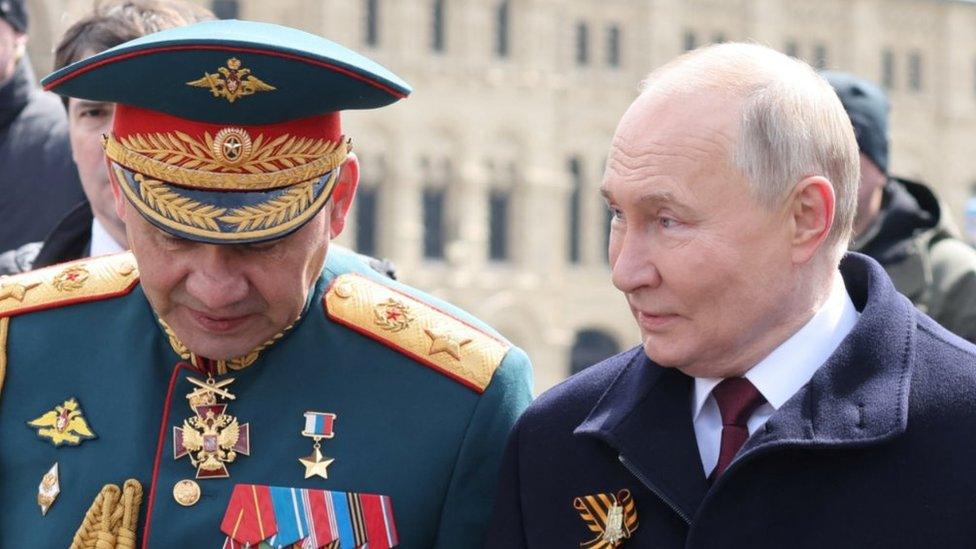 Defence Minister Sergei Shoigu with Vladimir Putin at the Victory Day parade in Moscow, 9 May 2024