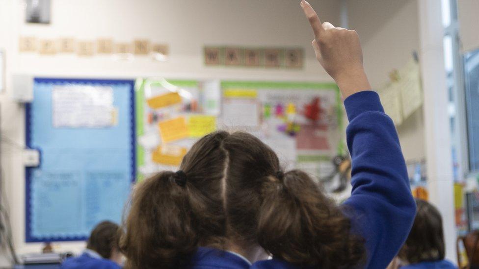 Schoolgirl with her hand up in class (generic)