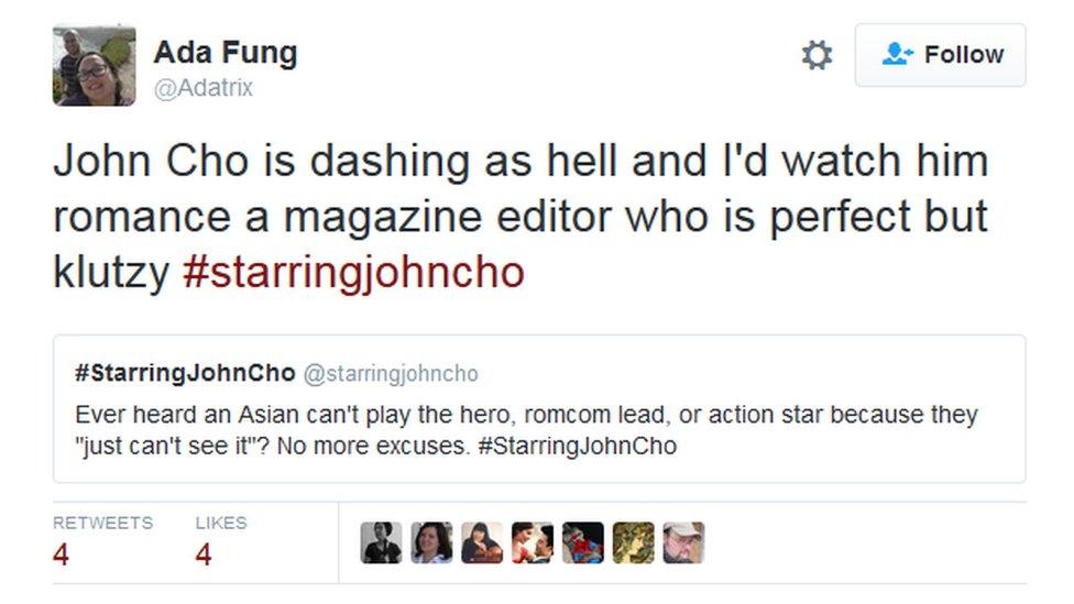 Ad Fung tweets: "John Cho is dashing as hell and I'd watch him romance a magazine editor who is perfect but klutzy #starringjohncho"