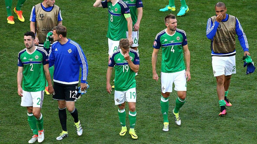 Northern Ireland's players react at the end of the 1-0 defeat to Poland at Euro 2016