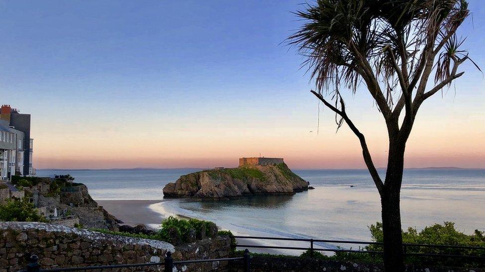 Overlooking the sea at sunset in Tenby