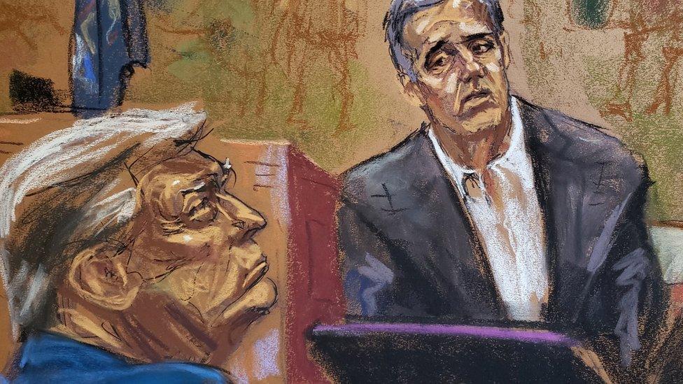 Court sketch of Cohen taking the stand, with Trump watching