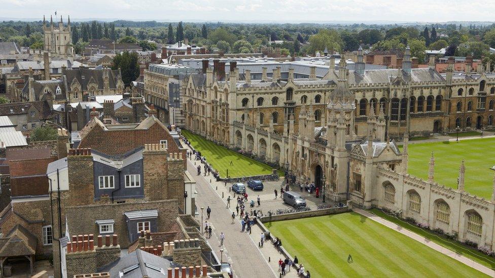 Elevated view of the skyline and spires of Cambridge and King's College