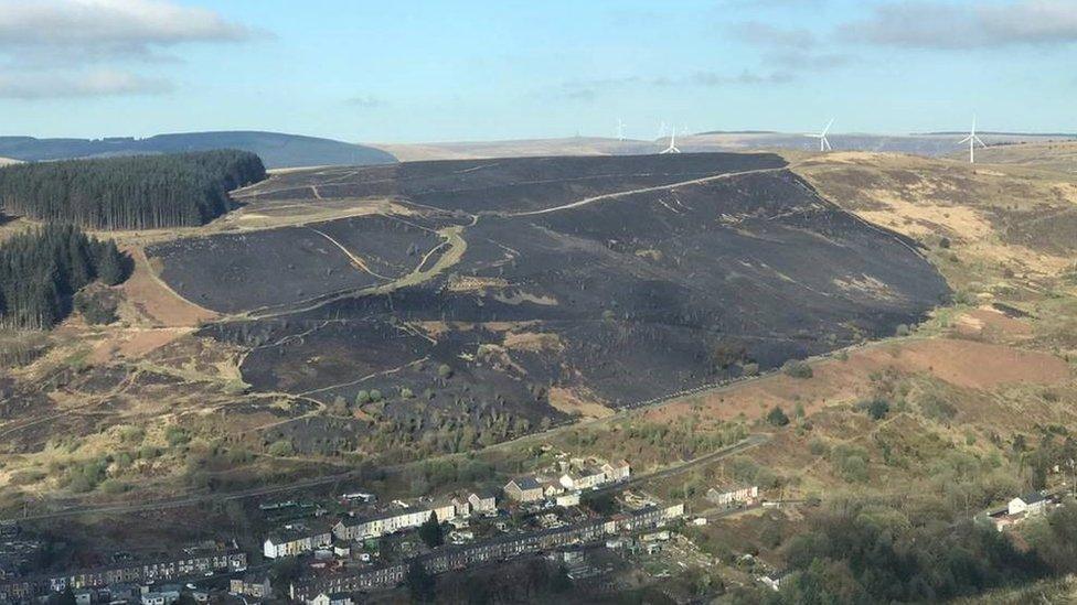 The landscape above Ferndale is charred after a grass fire