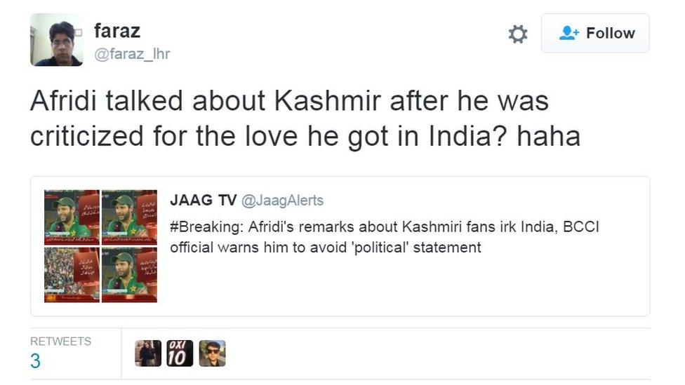 @faraz_lhr: Afridi talked about Kashmir after he was criticized for the love he got in India? haha