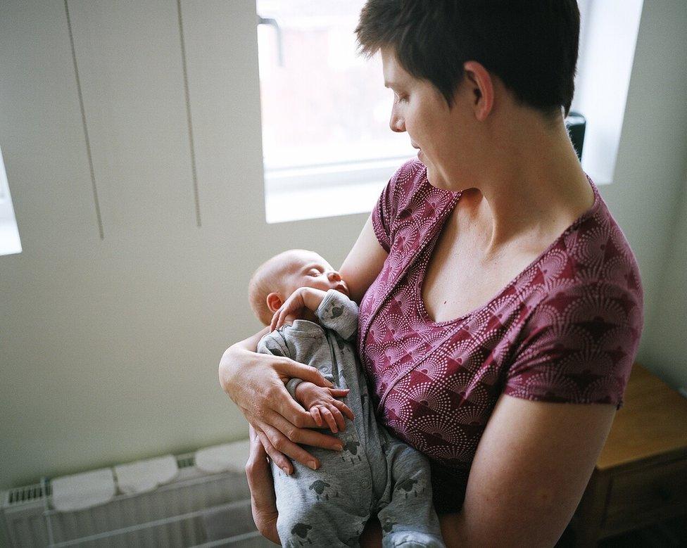 Ellen back at home with baby Alice, 1 week after her birth. Alice was born at the Queen Elizabeth hospital in Woolwich, London and needed 3 minutes resuscitation after her delivery in order to start breathing.