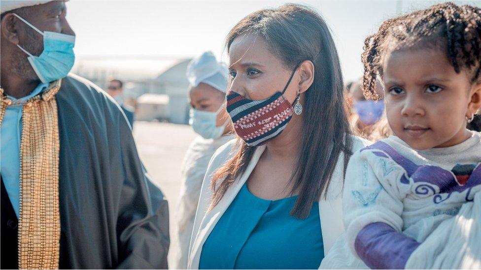 Israeli Immigration Minister Pnina Tamano-Shata with members of Falash Mura community on their arrival at Ben Gurion Airport (03/12/20)