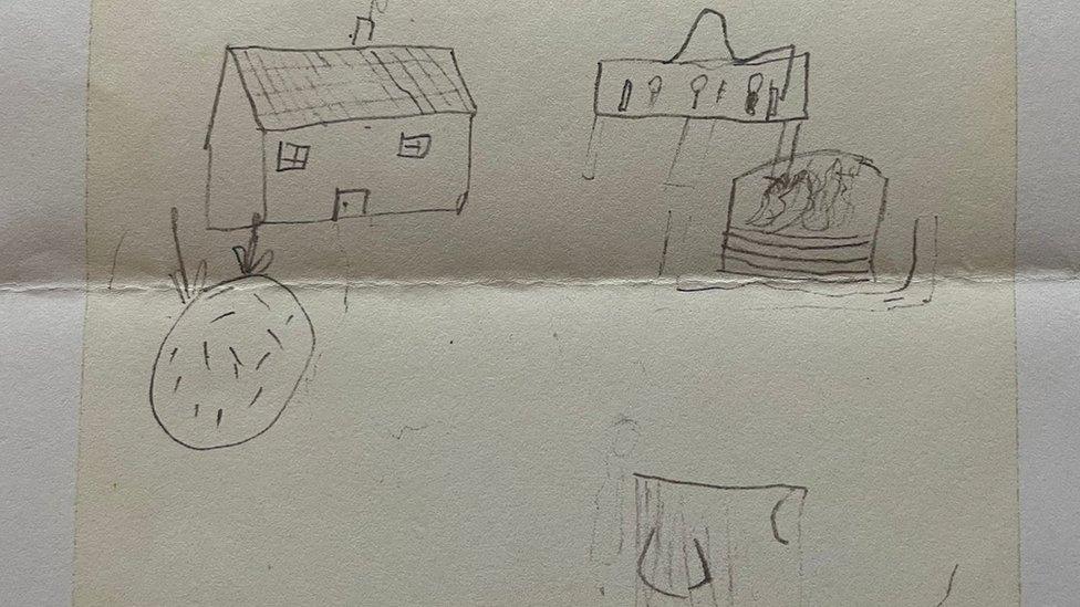 Sketches of a house and other doodles by a young Princess Margaret