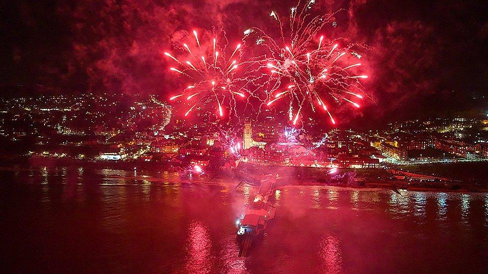 Aerial view of fireworks over Cromer Pier on New Year's Day 2023