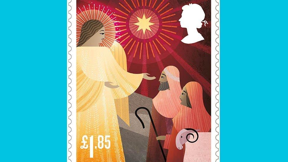 A stamp which shows some shepherds, a star and an angel