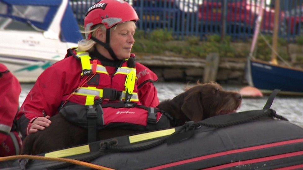 Search dog Rufus on a boat with his handler Serena Field