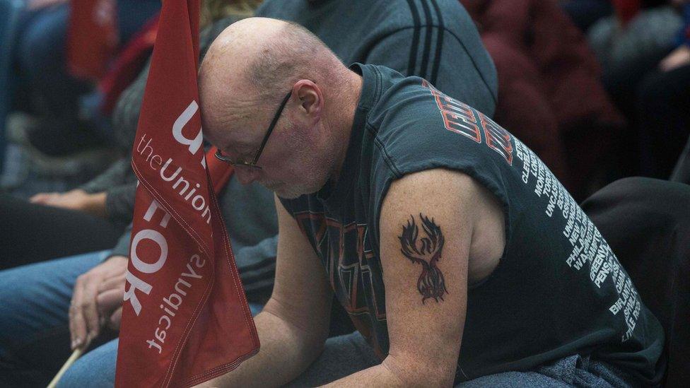 Carl Dillmam, who has worked at the General Motors plant for 37 years sits with union members in Oshawa, Ontario, on November 26, 2018.